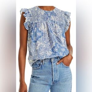 Aqua Paisley Flutter Sleeve Top Size Small